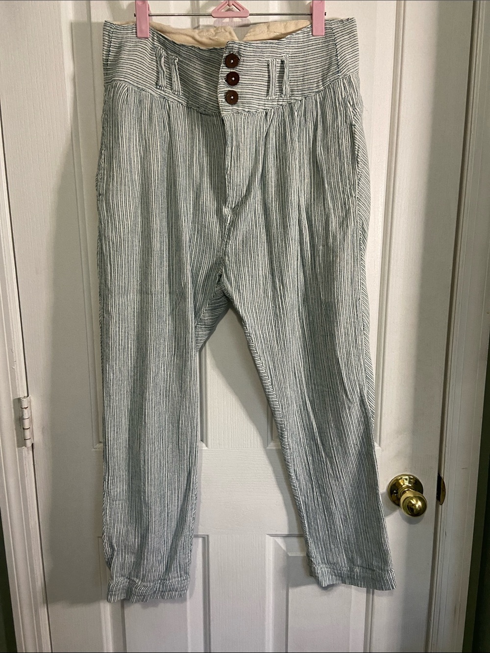 High-Waist Striped Cotton Blend Pants in Light Gray